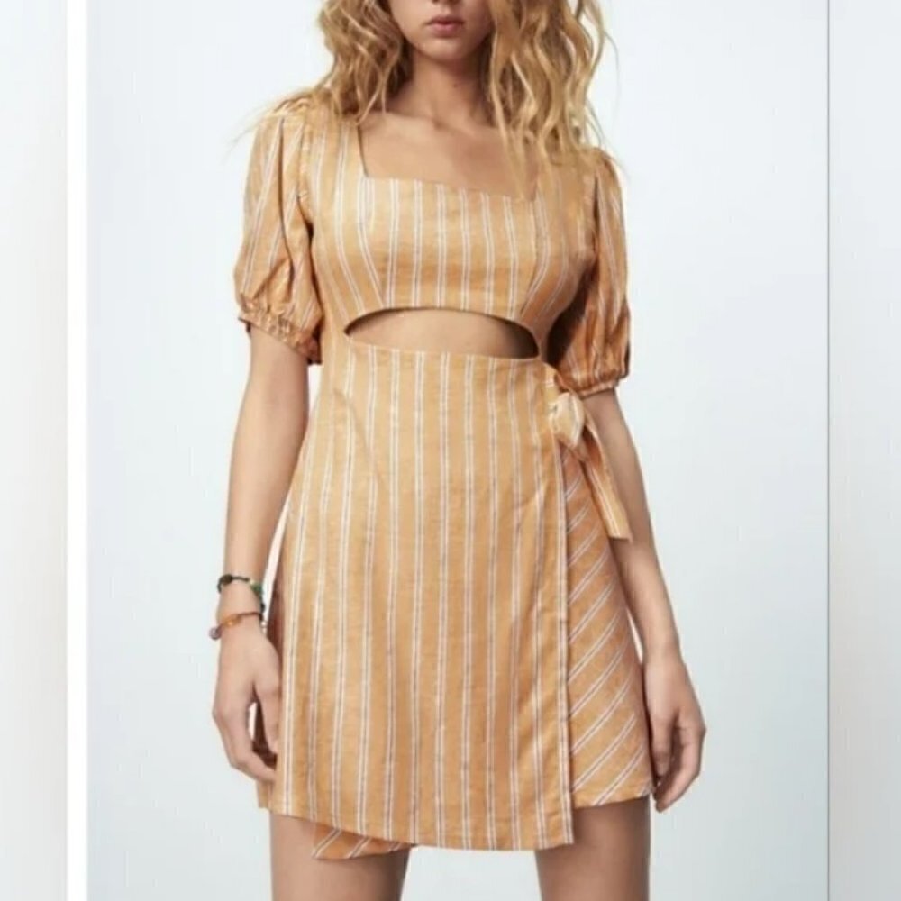 Zara Striped Cutout Midriff Wrap Front Tie Linen Blend Mini Dress Yellow S